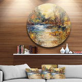 Stream in Forest Oil Painting Landscape Painting Circle Metal Wall Art