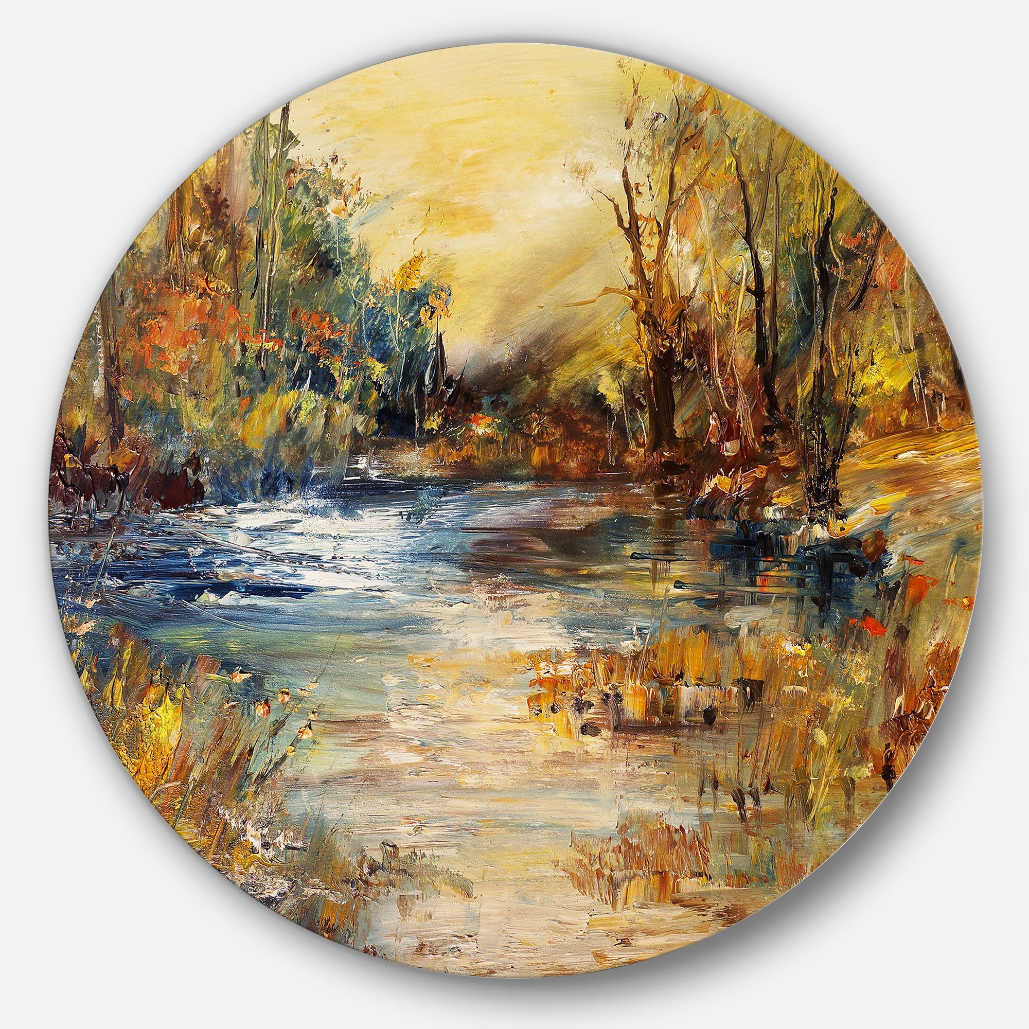 Stream in Forest Oil Painting Landscape Painting Circle Metal Wall Art