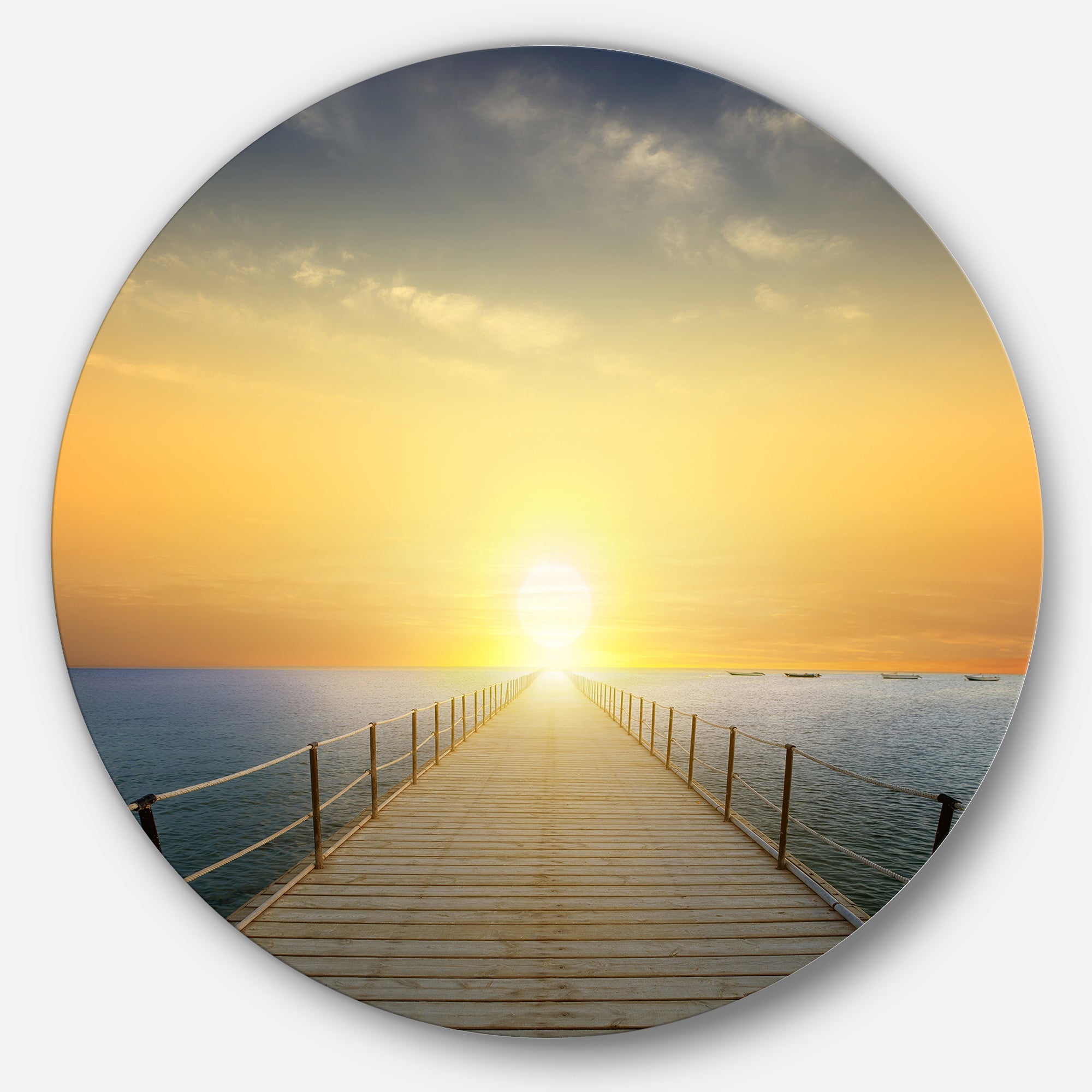 Ocean Sunset with Pier Seascape Circle Metal Wall Art