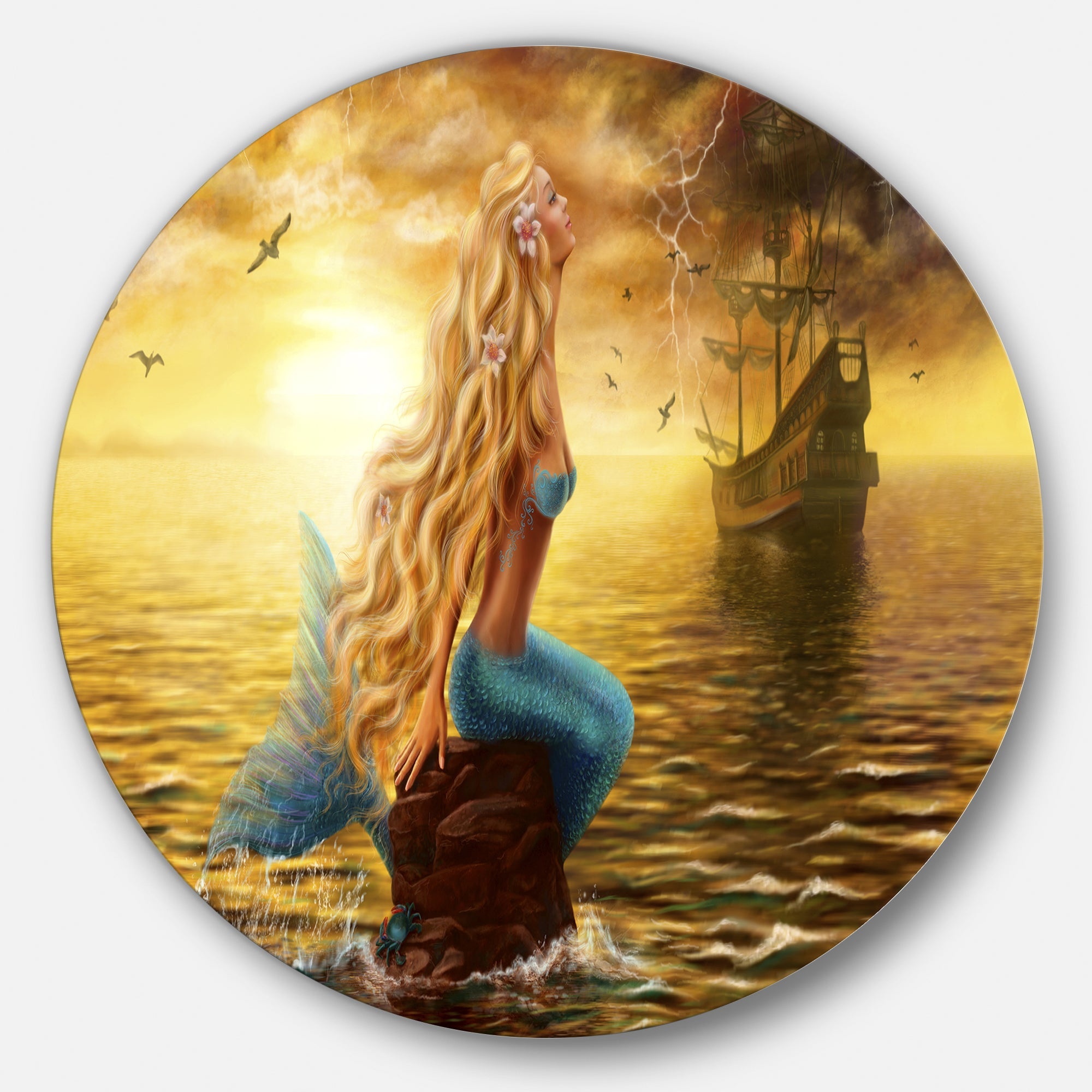 Sea Mermaid with Ghost Ship Seascape Circle Metal Wall Art