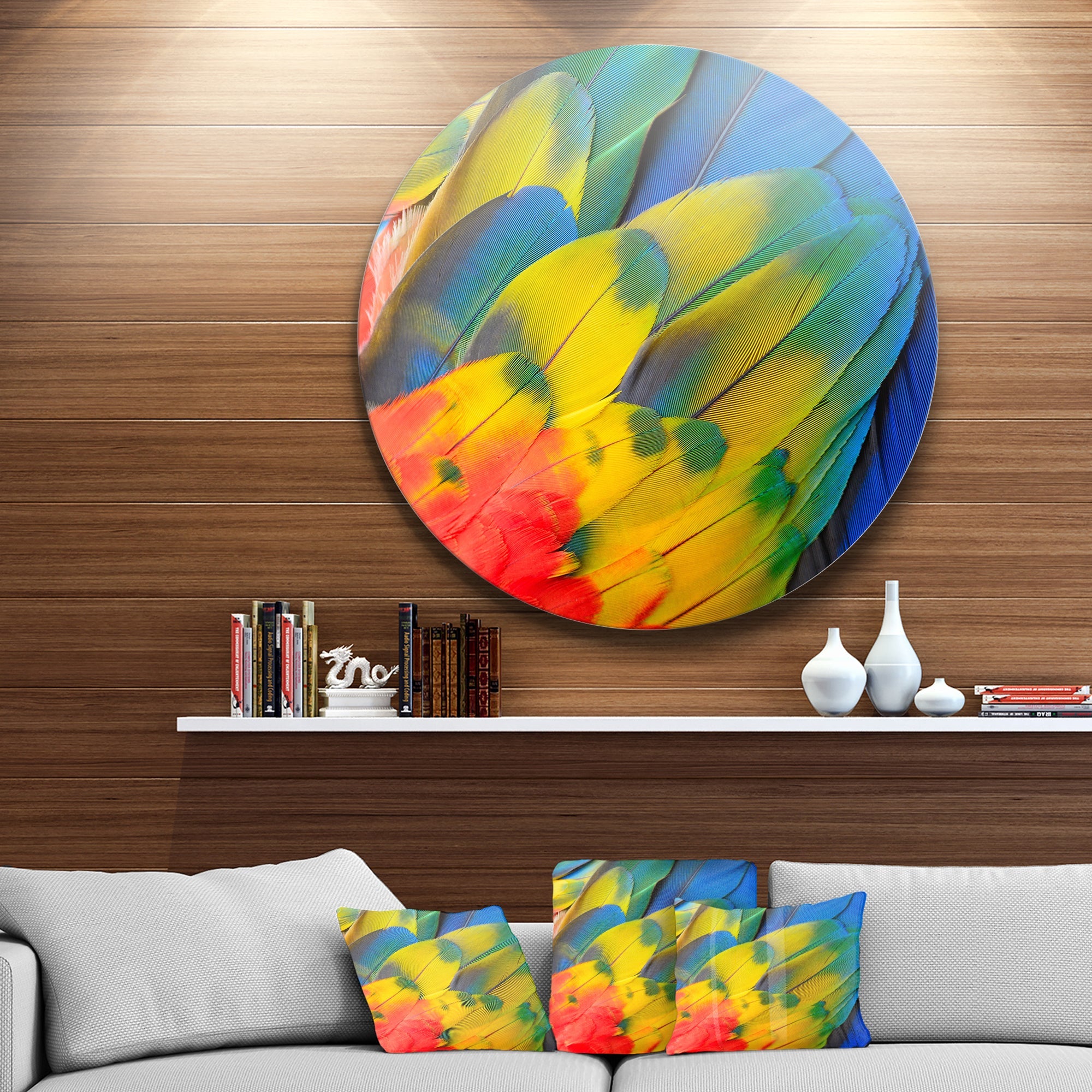 Scarlet Macaw Feathers Photography Circle Metal Wall Art