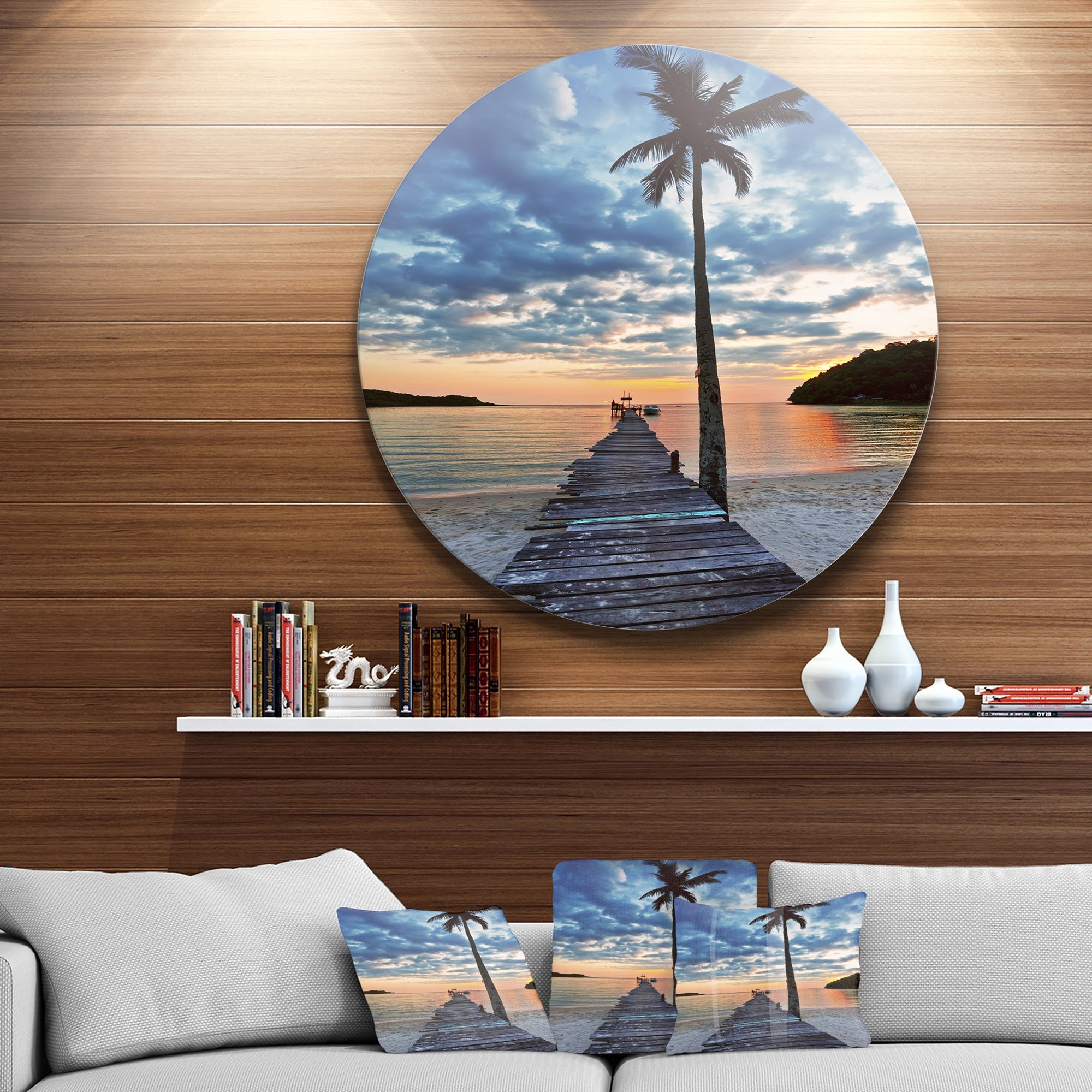 Wooden Pier and Palm Tree Seashore Photo Circle Metal Wall Art