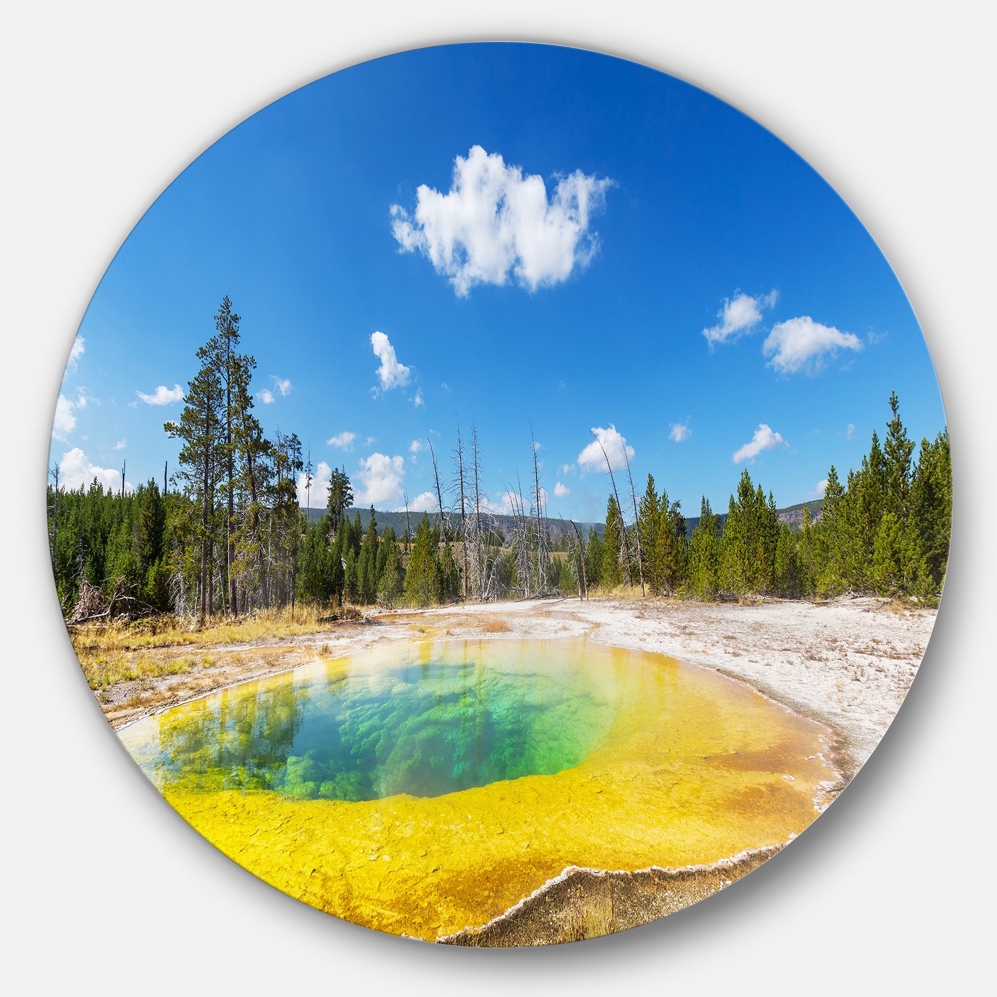 Morning Glory Pool with Bright Sky Landscape Photography Circle Metal Wall Art