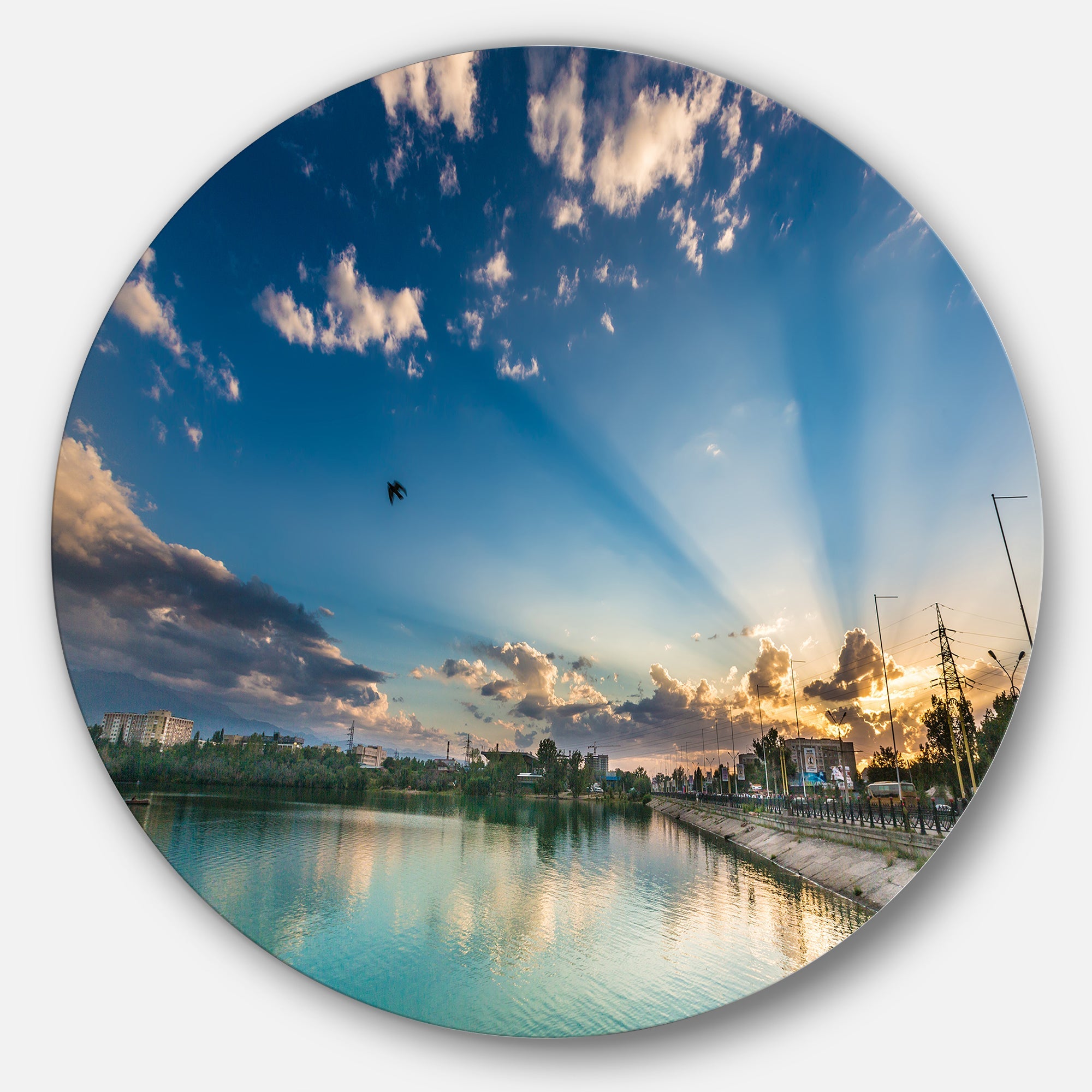 Moving Clouds Over Lake Landscape Photo Circle Metal Wall Art