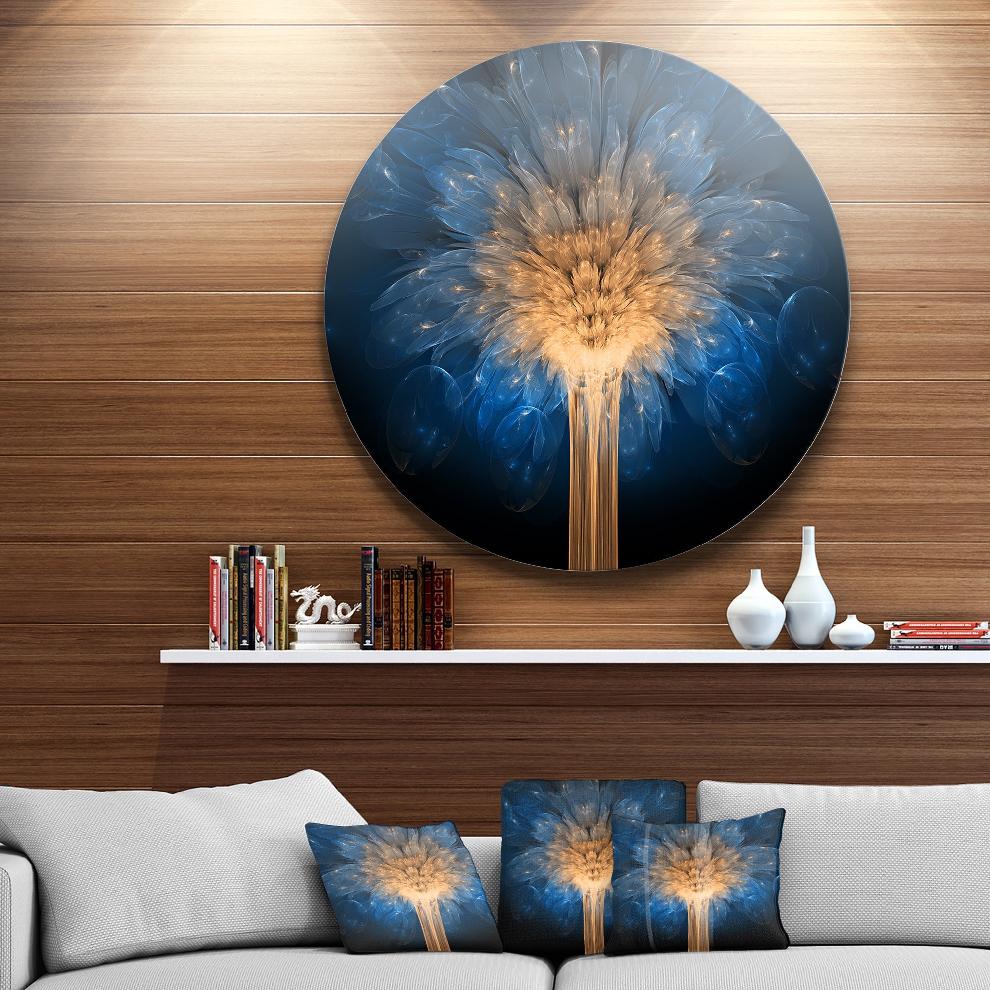 Fractal 3D Blue Dragon Flower Abstract Circle Metal Wall Art