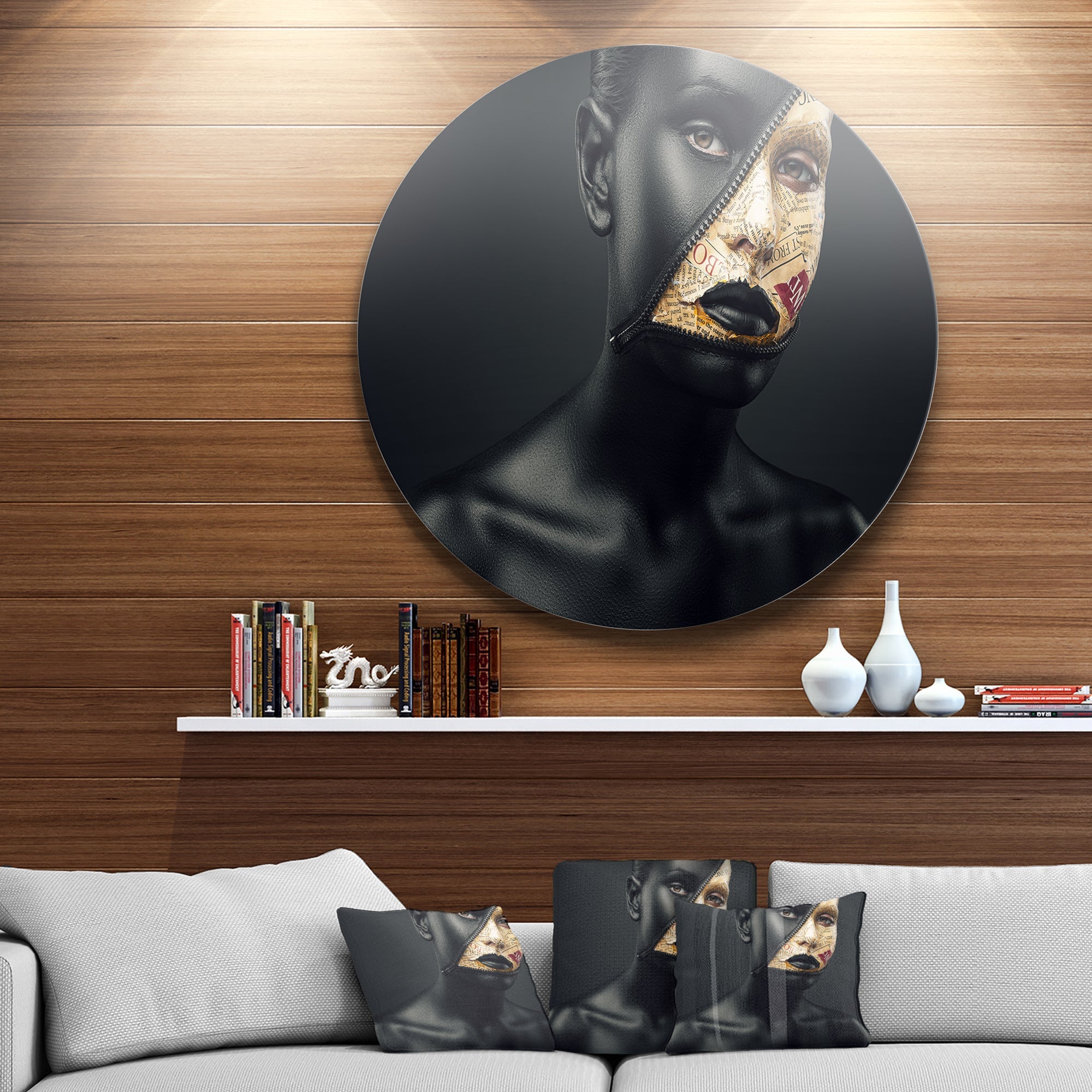 Woman with a Zip on Face Portrait Circle Metal Wall Art
