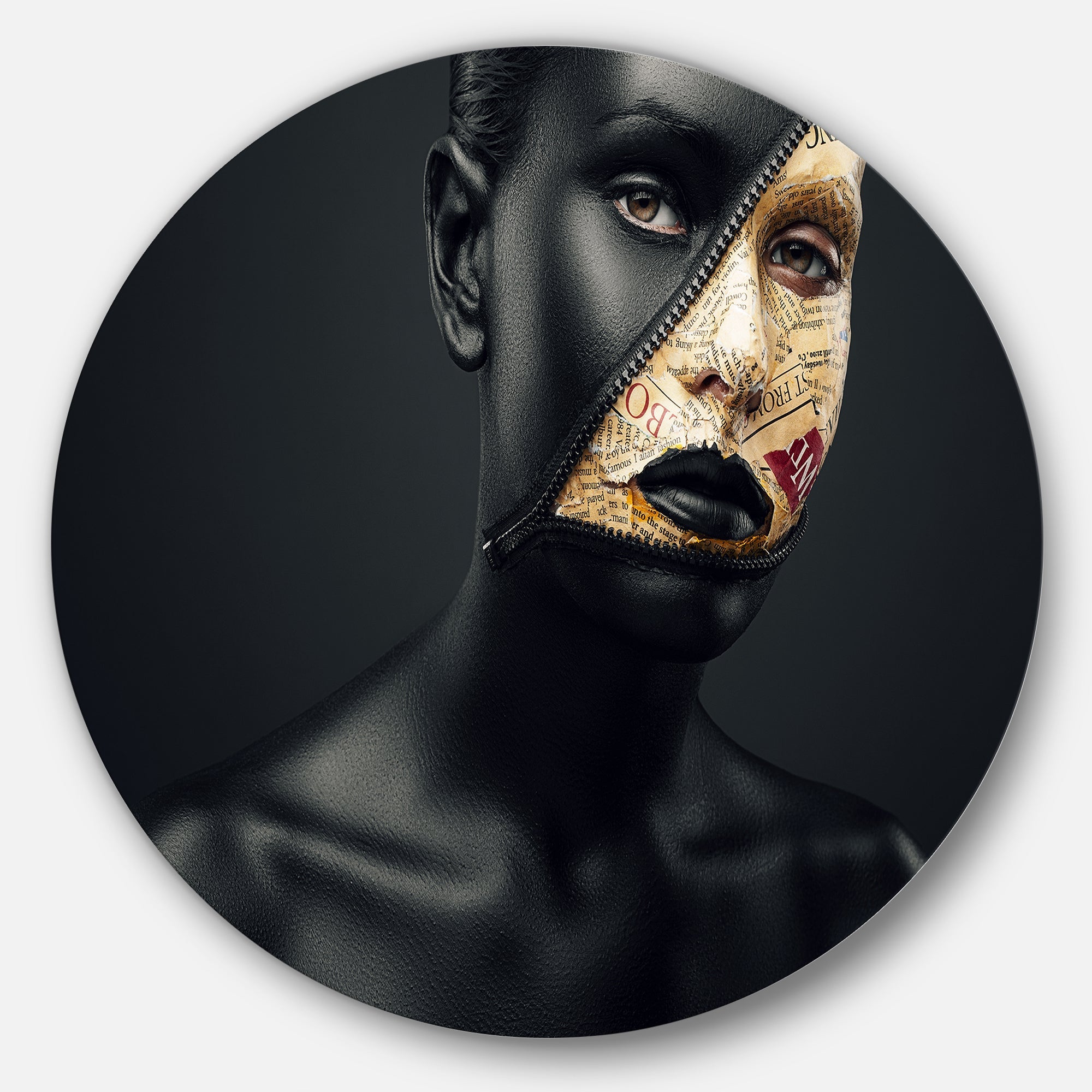 Woman with a Zip on Face Portrait Circle Metal Wall Art