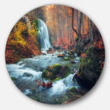 Autumn Mountain Waterfall Long View Landscape Photography Circle Metal Wall Art