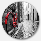 Retro Vintage Red Bike Cityscape Photo Circle Metal Wall Art