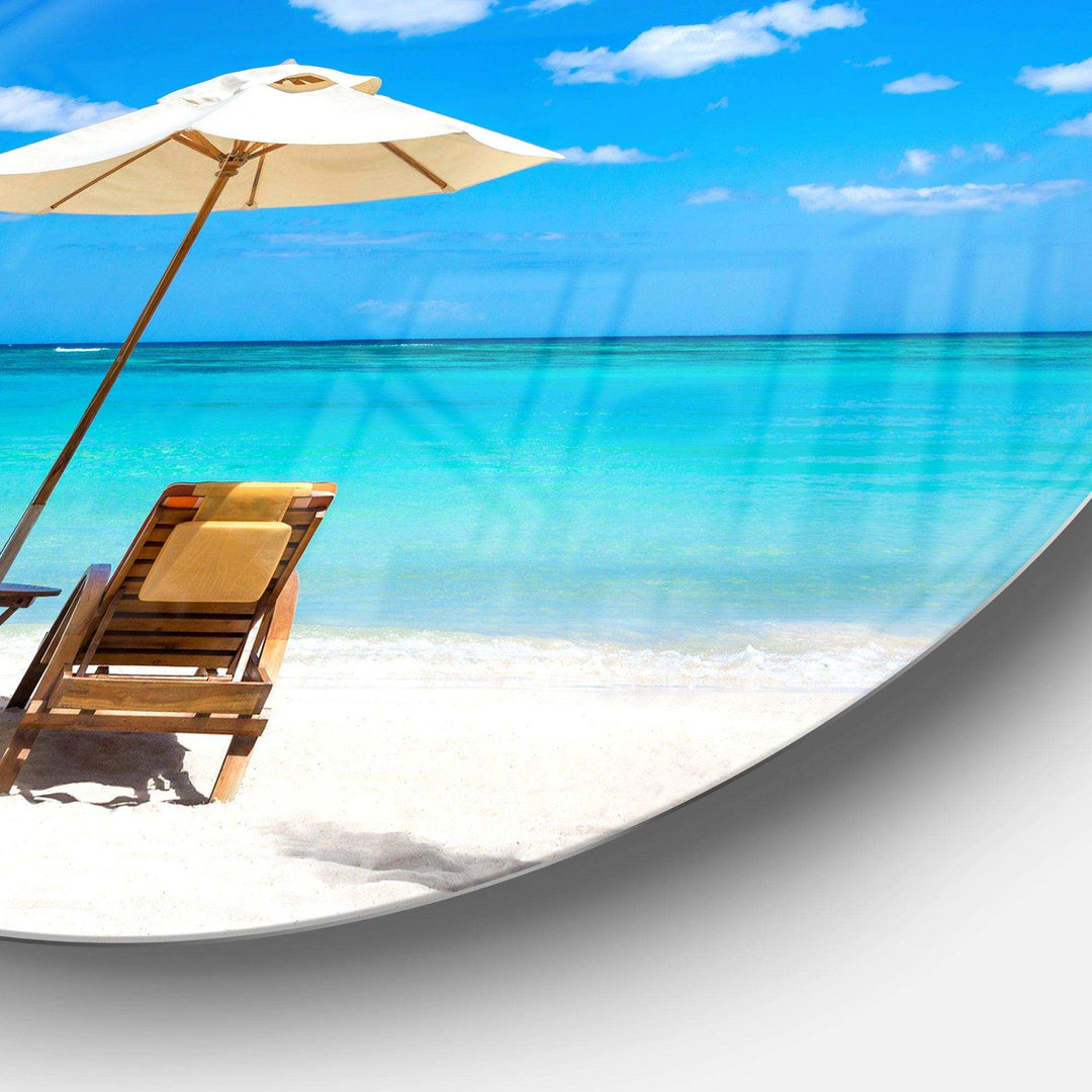 Turquoise Beach with Chairs - Coastal Large Metal Circle Wall Art