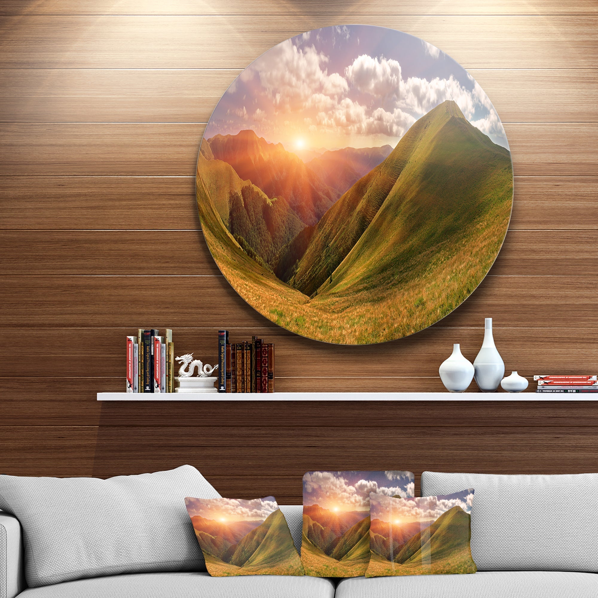 Sunrise Over Green Mountains Landscape Photo Circle Metal Wall Art