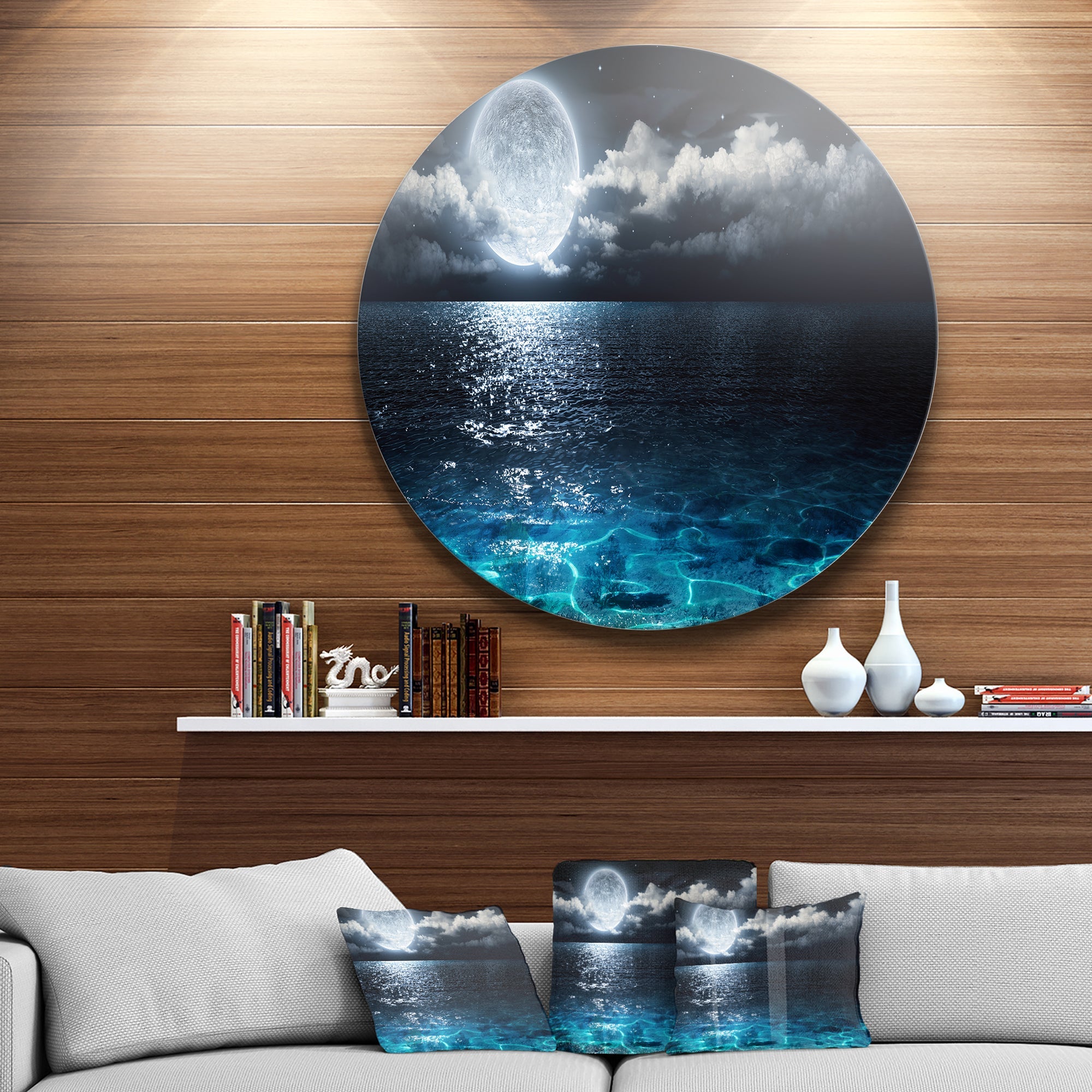 Romantic Full Moon Over Sea Seascape Circle Metal Wall Art