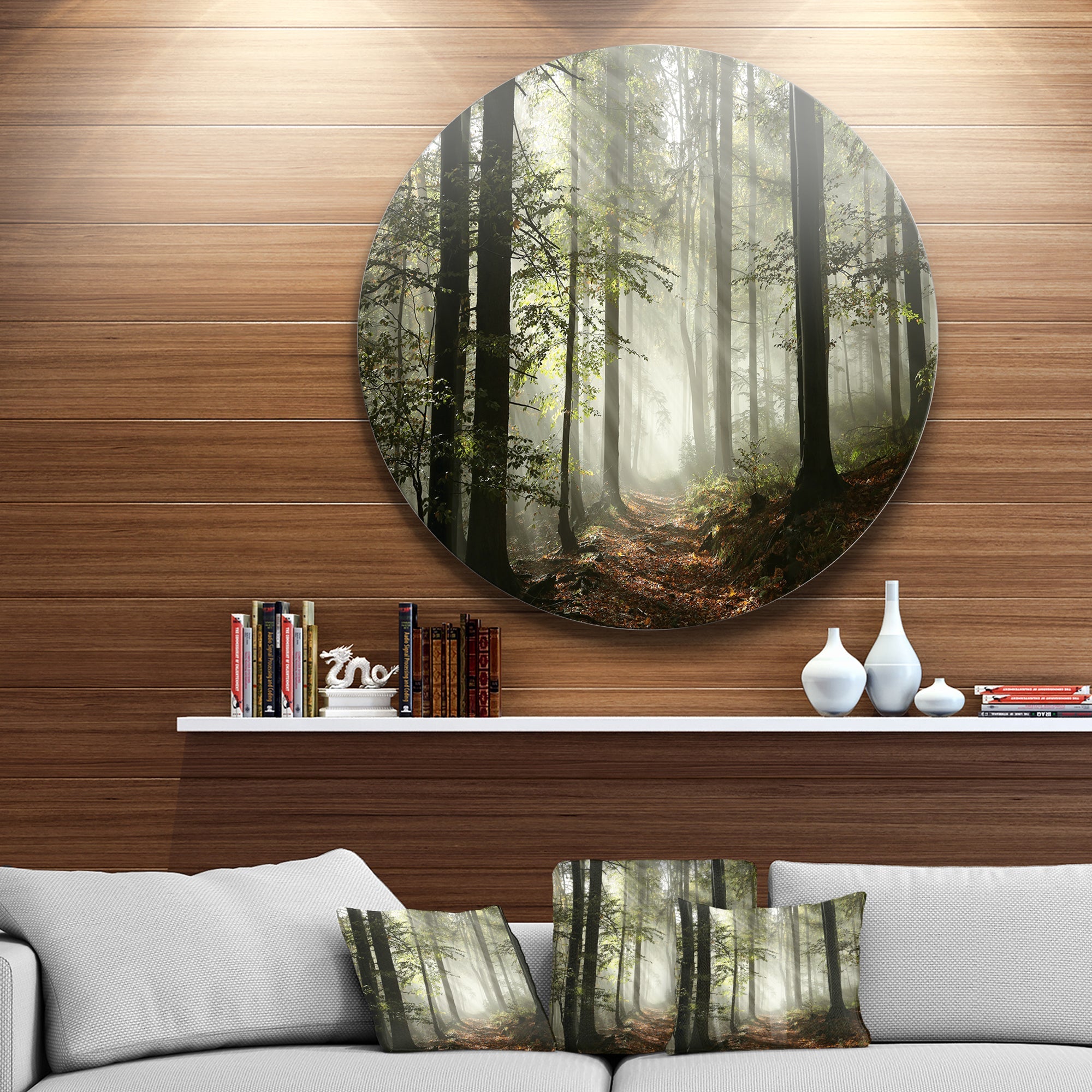 Light in Dense Fall Forest with Fog Ultra Vibrant Landscape Oversized Circle Wall Art