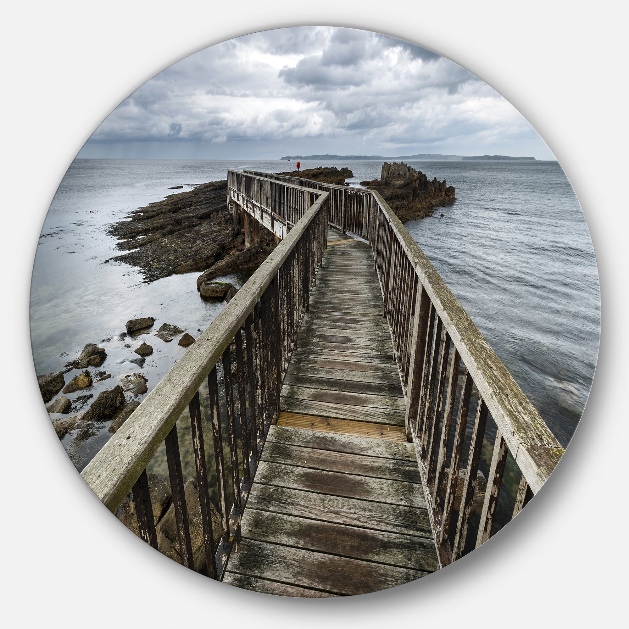 Wooden Pier on North Irish Coastline Ultra Vibrant Sea Bridge Metal Circle Wall Art