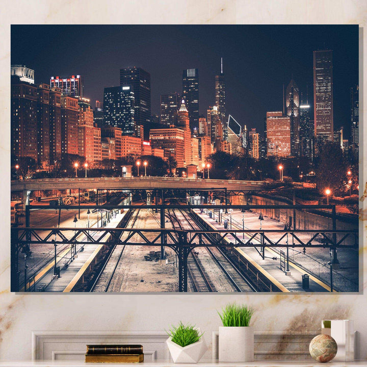 Dark Chicago Skyline and Railroad