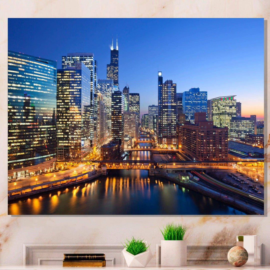 Chicago River with Bridges at Sunset