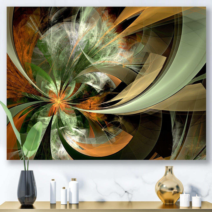 Symmetrical Orange Green Fractal Flower - Modern Living Room Wall Decor