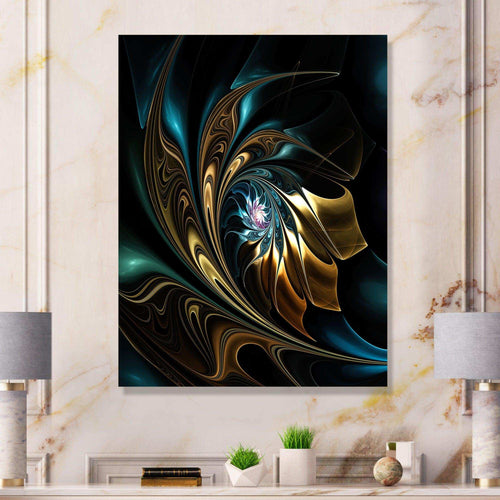 Brown Blue Fractal Flower in Black - Modern Canvas Wall Art