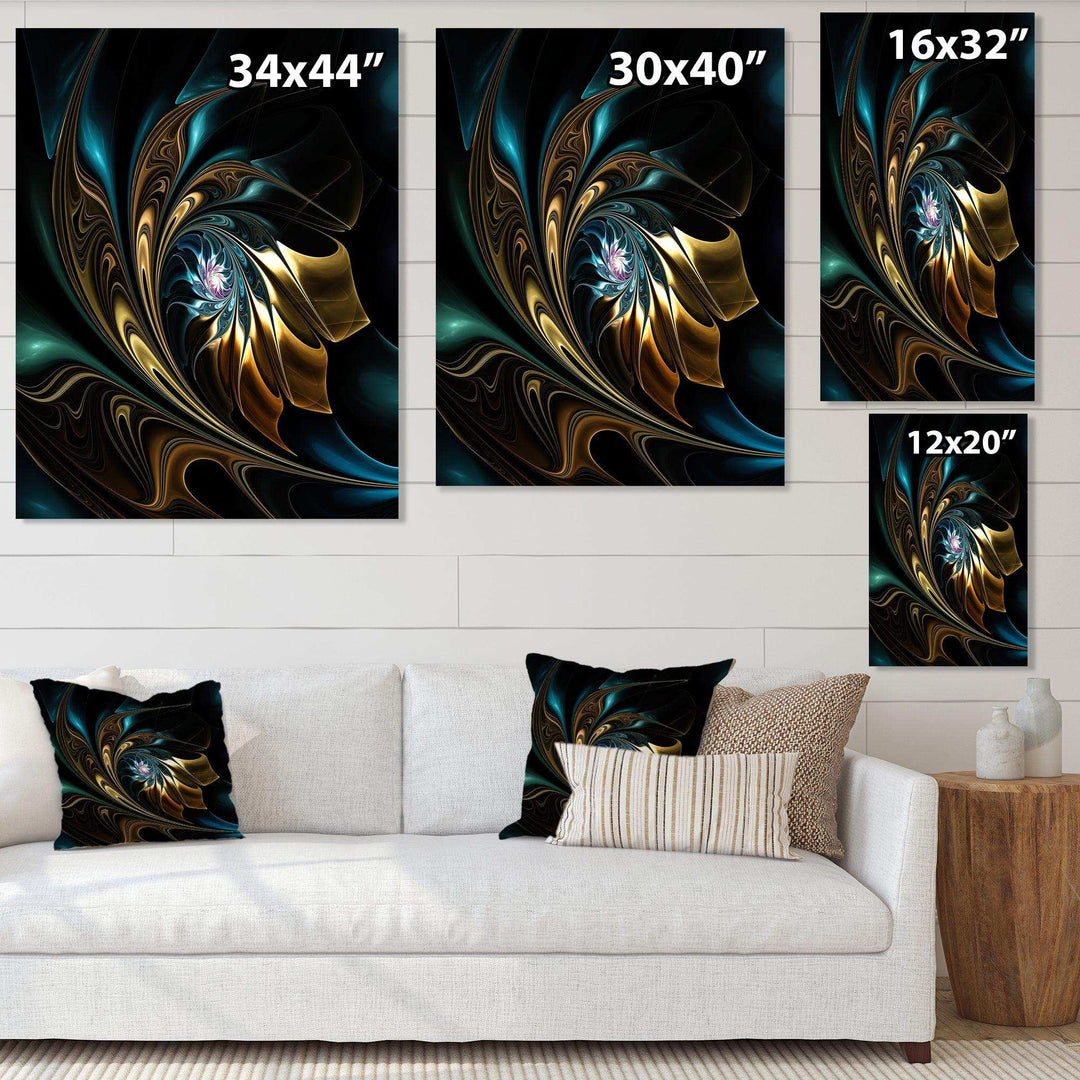 Brown Blue Fractal Flower in Black - Modern Canvas Wall Art