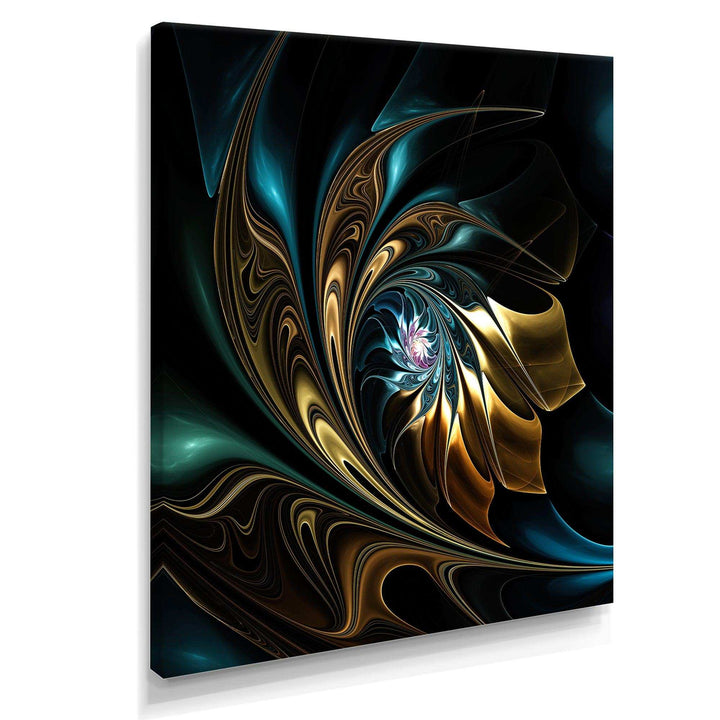Brown Blue Fractal Flower in Black - Modern Canvas Wall Art