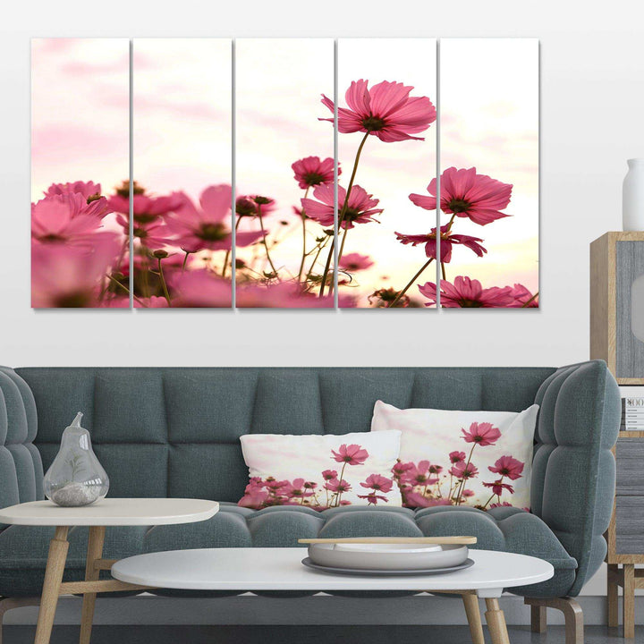 Cosmos Flowers Meadow At Sunset Multi-Panels
