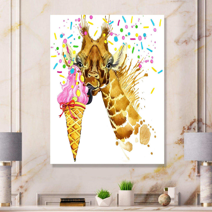 Giraffe Eating Ice Cream Watercolor