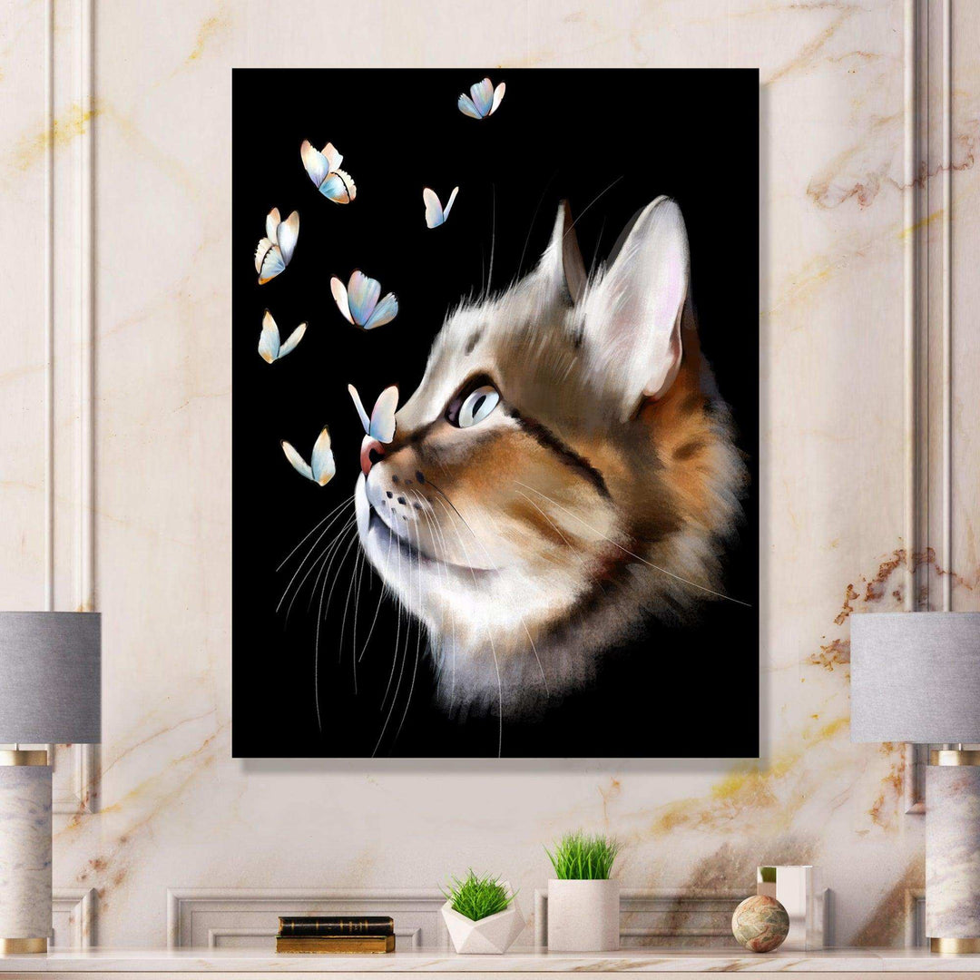 Cat with Butterflies on Black