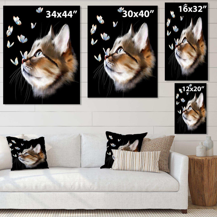 Cat with Butterflies on Black