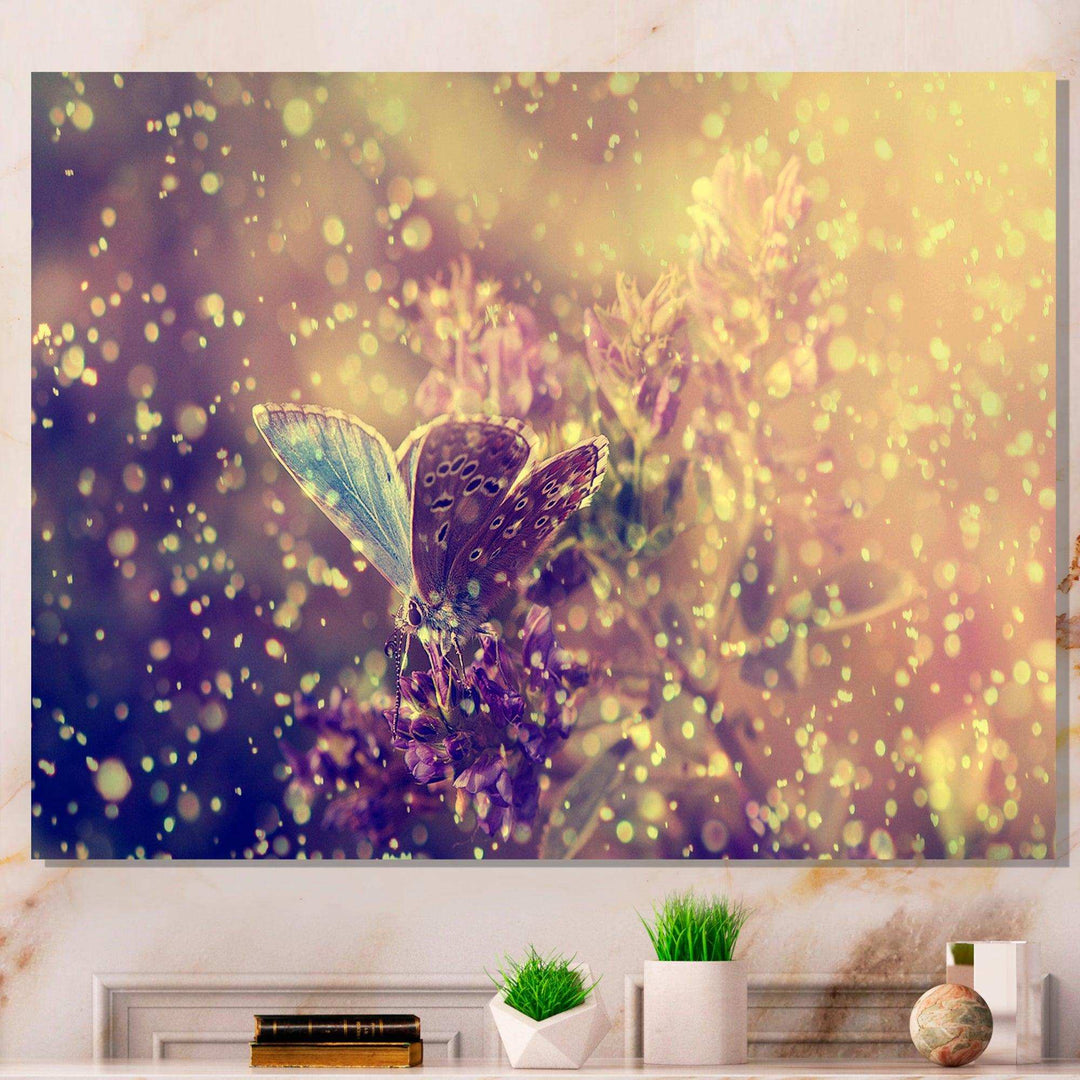 Blue Butterfly And Purple Flowers