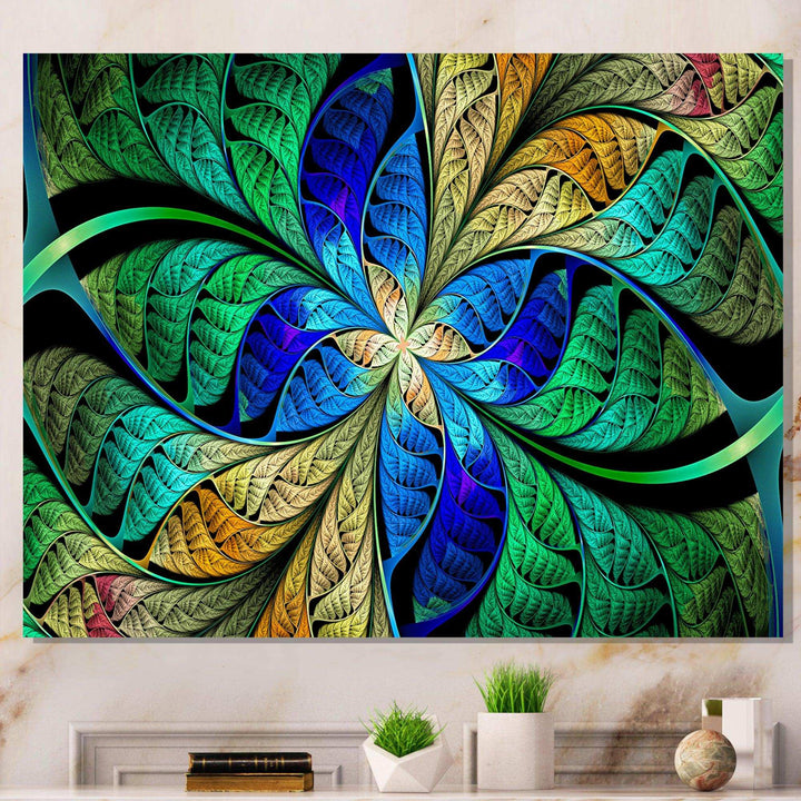 Blue Green Fractal Flower Petals - Modern Living Room Wall Decor