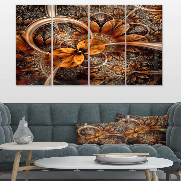 Dark Orange Fractal Flower - Modern Multi-Panels Living Room Wall Decor