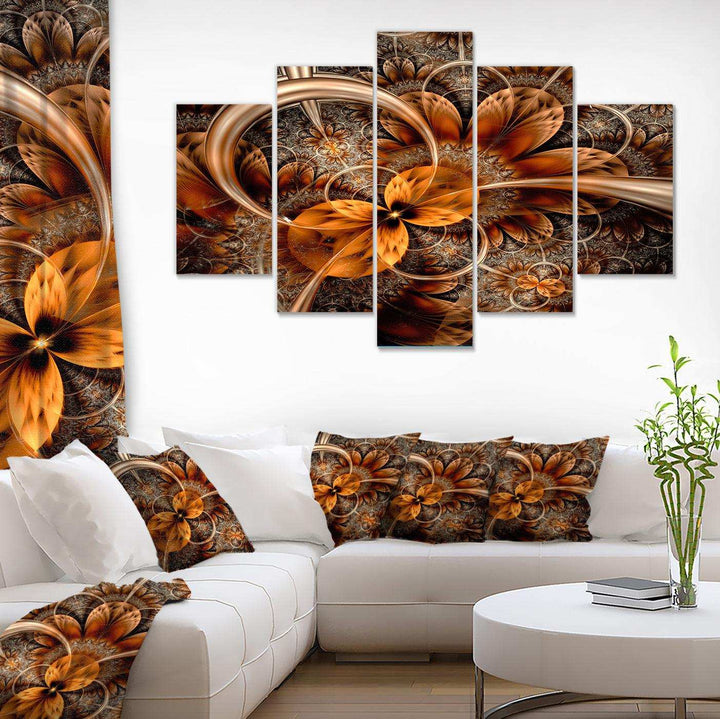 Dark Orange Fractal Flower - Modern Multi-Panels Living Room Wall Decor
