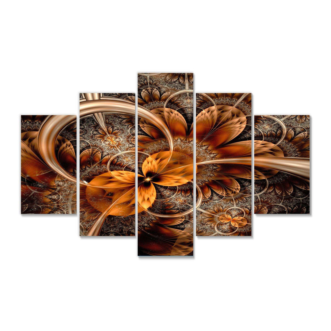 Dark Orange Fractal Flower - Modern Multi-Panels Living Room Wall Decor