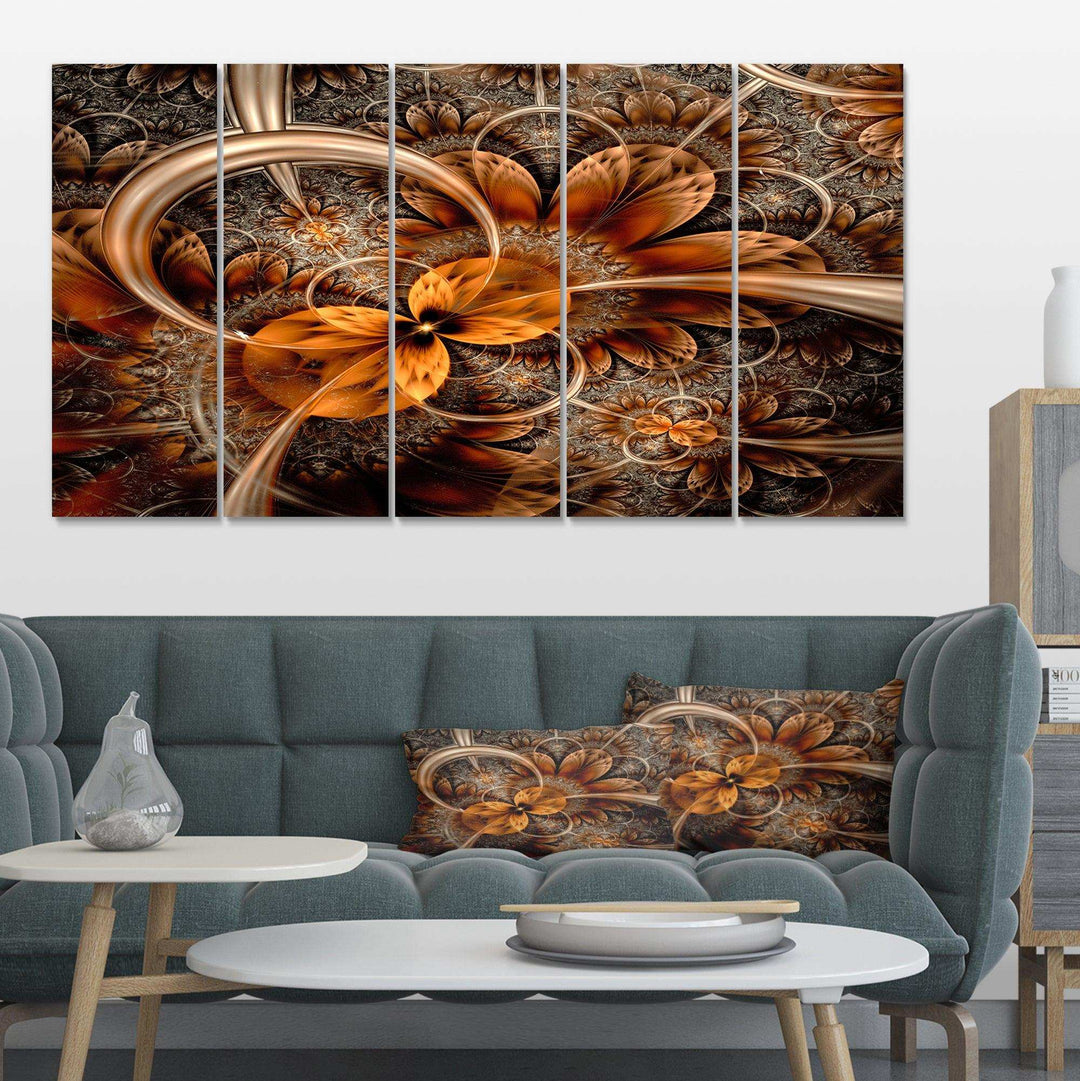 Dark Orange Fractal Flower - Modern Multi-Panels Living Room Wall Decor