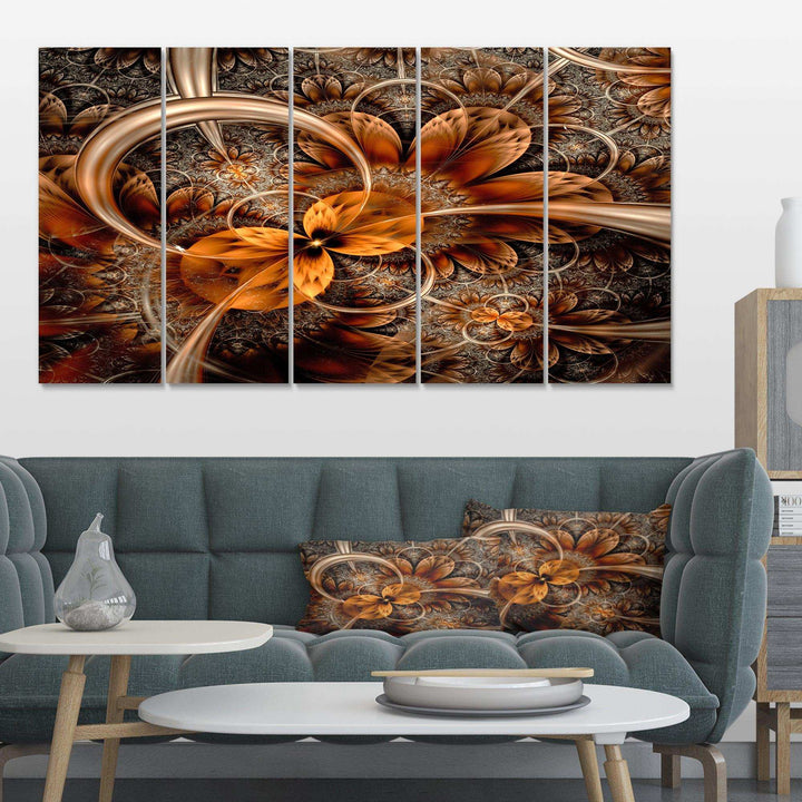 Dark Orange Fractal Flower - Modern Multi-Panels Living Room Wall Decor