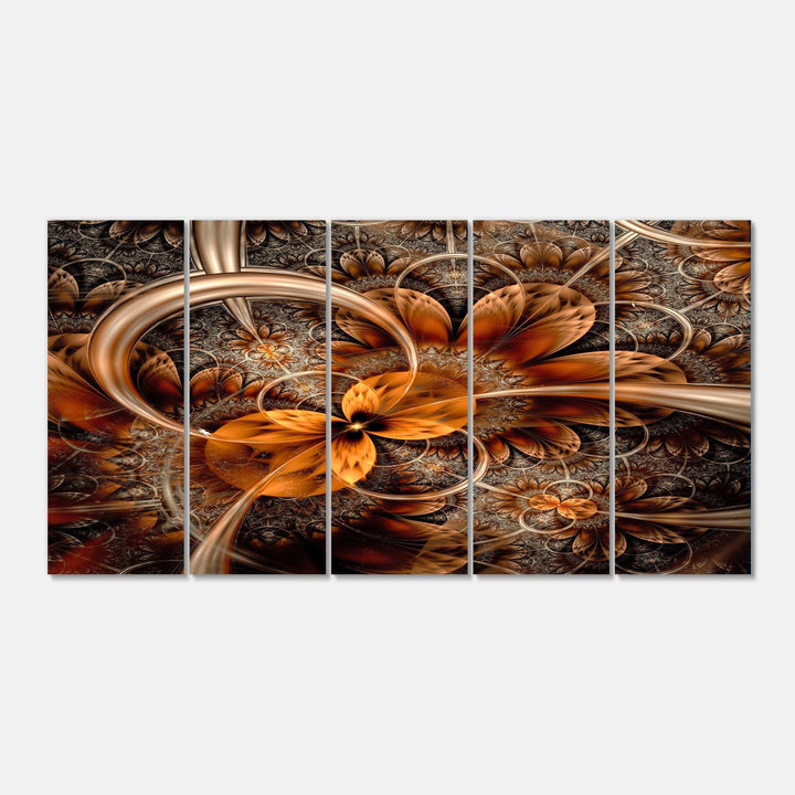 Dark Orange Fractal Flower - Modern Multi-Panels Living Room Wall Decor