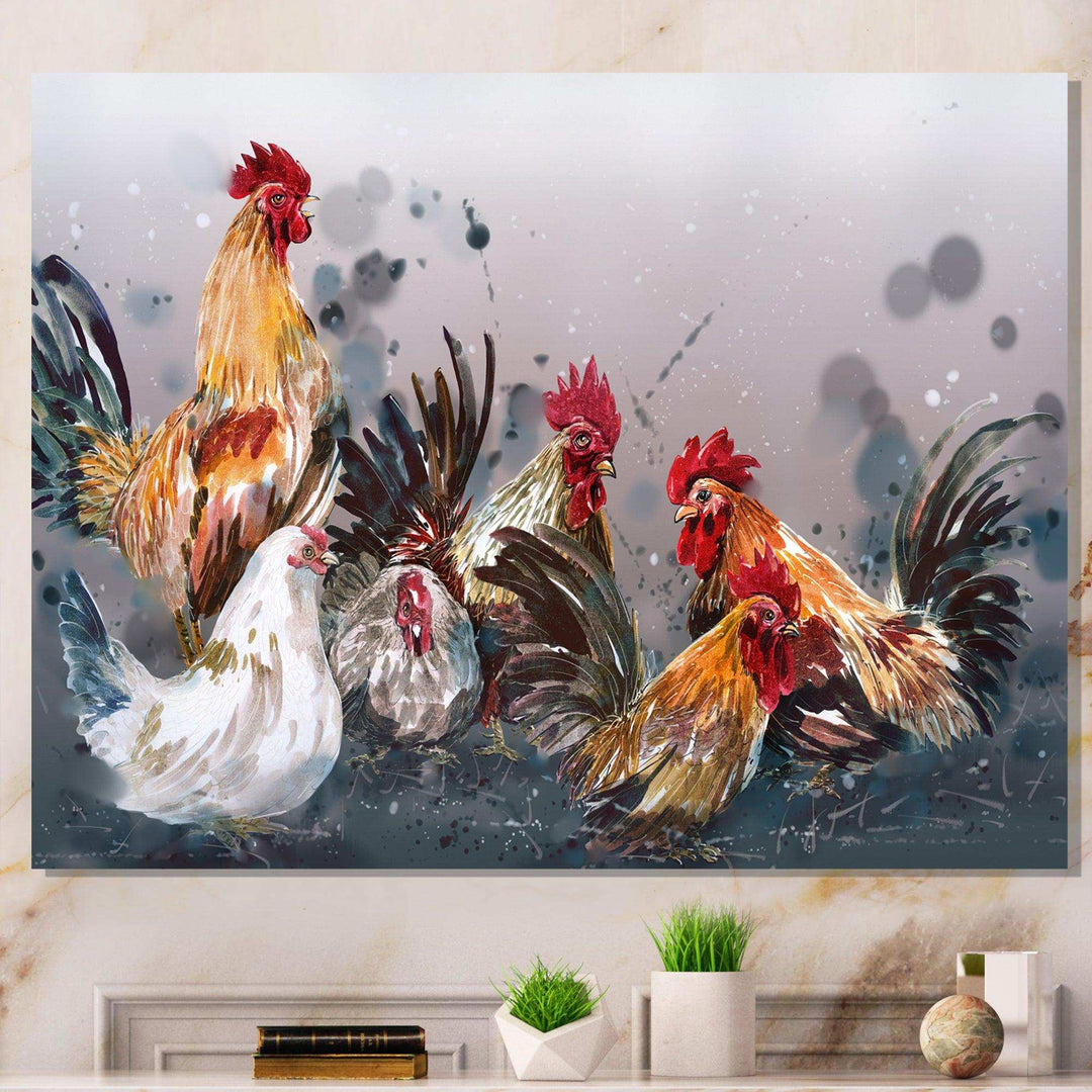 Group of Rooster in Gray Farm background