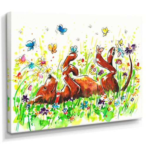 Happy Brown dog with Flowers and Butterfly