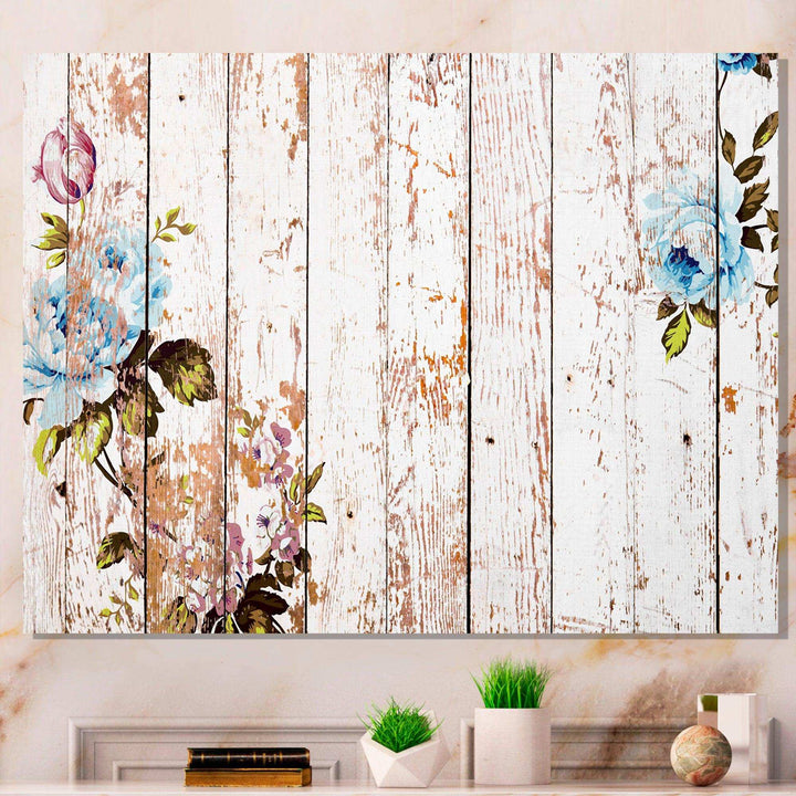 Shabby chic roses on wooden texture - Farmhouse Canvas Wall Art
