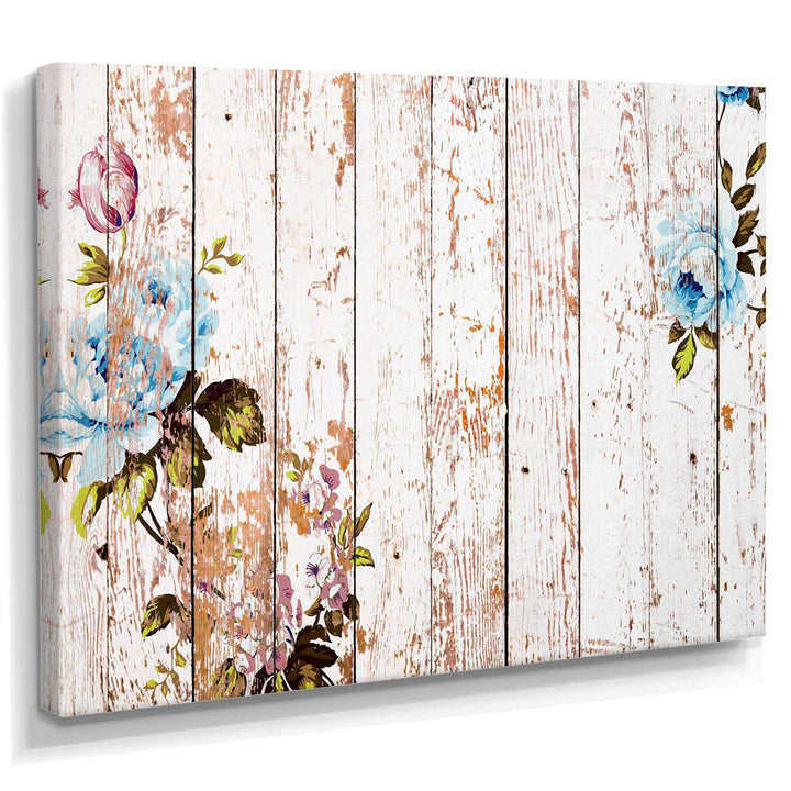 Shabby chic roses on wooden texture - Farmhouse Canvas Wall Art