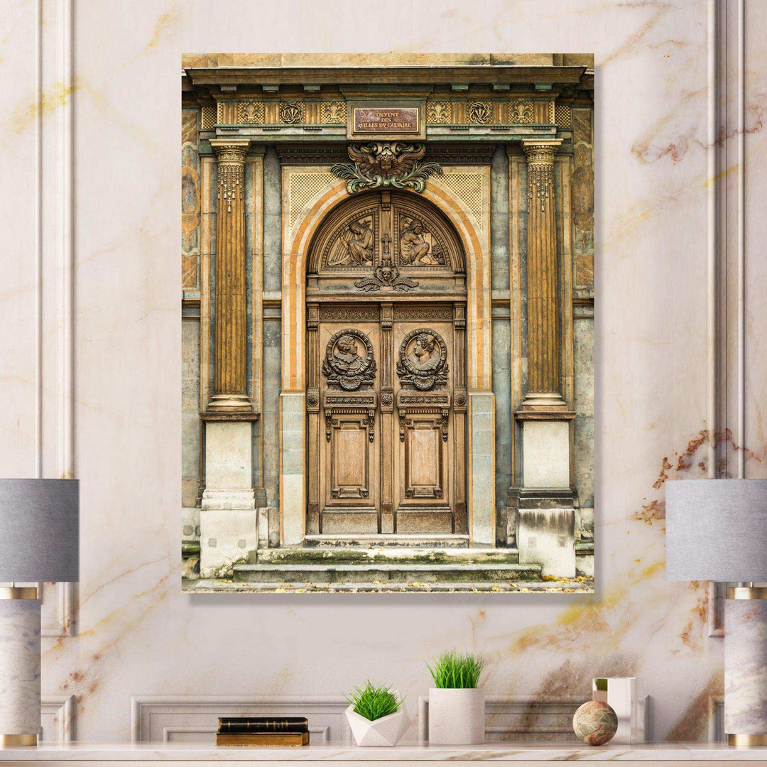 Old Wooden Door With Carvings in Paris, France - Traditional Wall Art Prints