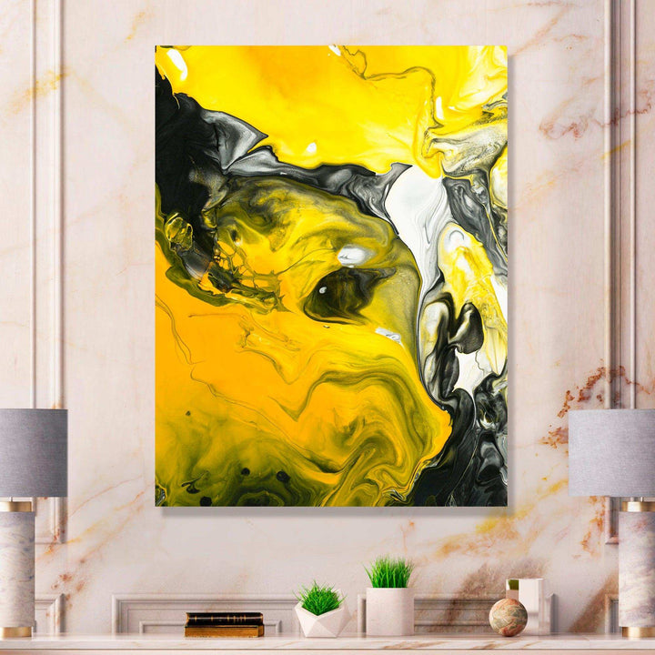 Yellow, White and Black Marbled Acrylic - Modern Canvas Wall Art