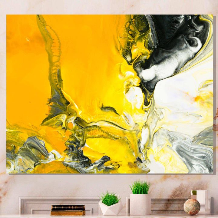 White and Yellow Marbled Acrylic with a cloud of Black - Modern Bedroom Wall Art