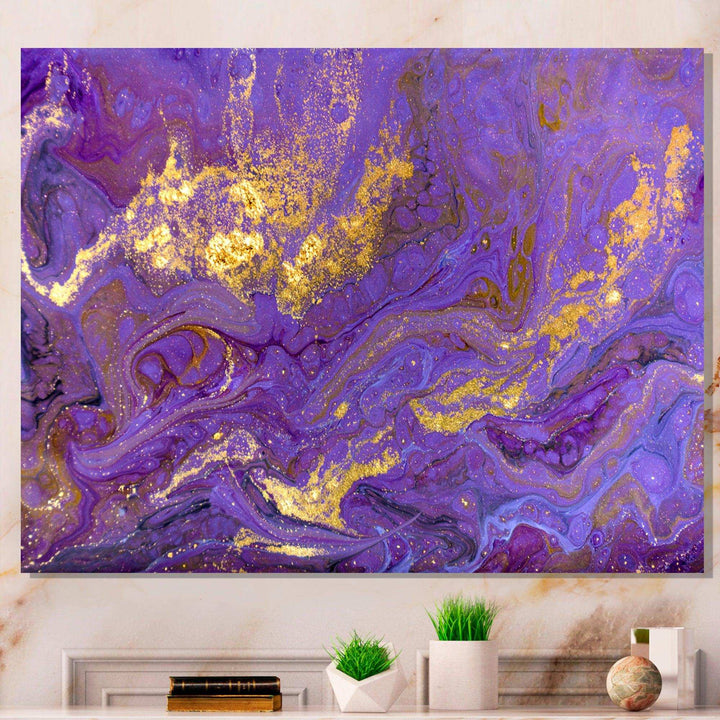 Gold And Purple Marbled Rippled Texture I - Modern Bedroom Wall Art