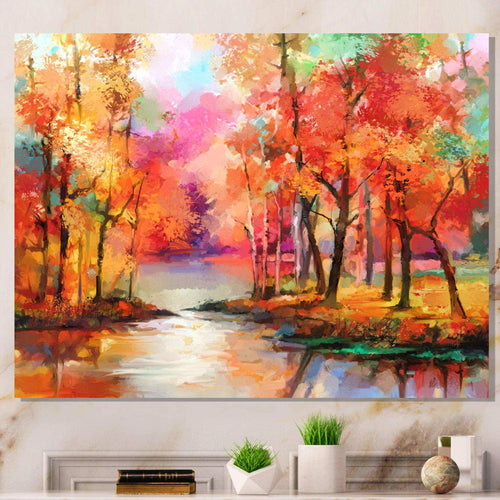 Autumn Aspen Trees In Red Leaf Forest By Lake - Modern Living Room Wall Decor