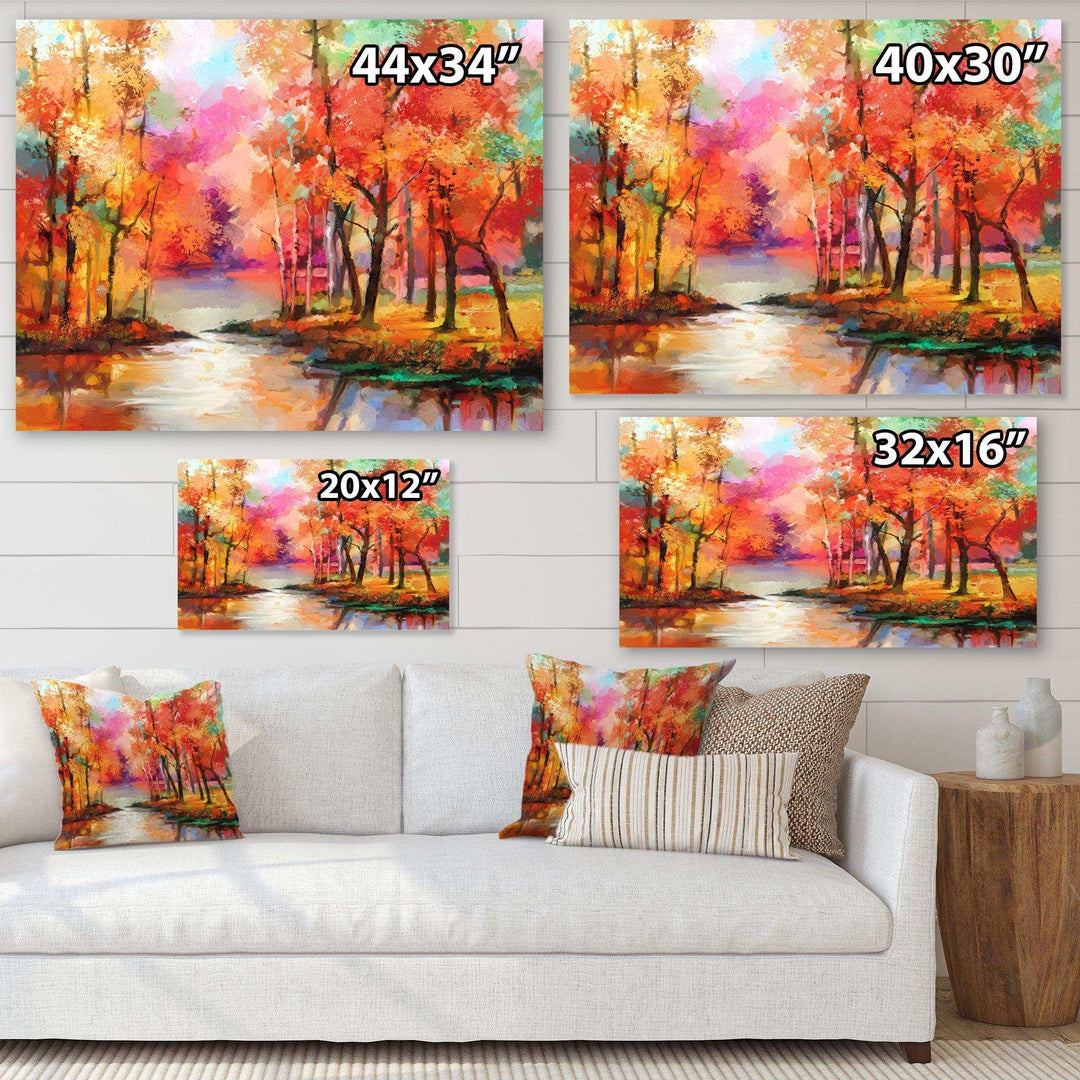 Autumn Aspen Trees In Red Leaf Forest By Lake - Modern Living Room Wall Decor
