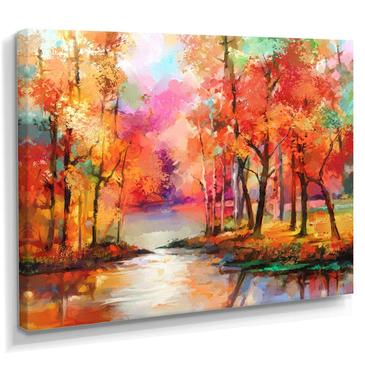 Autumn Aspen Trees In Red Leaf Forest By Lake - Modern Living Room Wall Decor