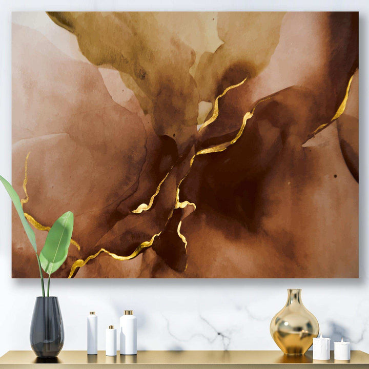 Hand Drawn Watercolor Brown Background With Gold - Modern Wall Art Prints