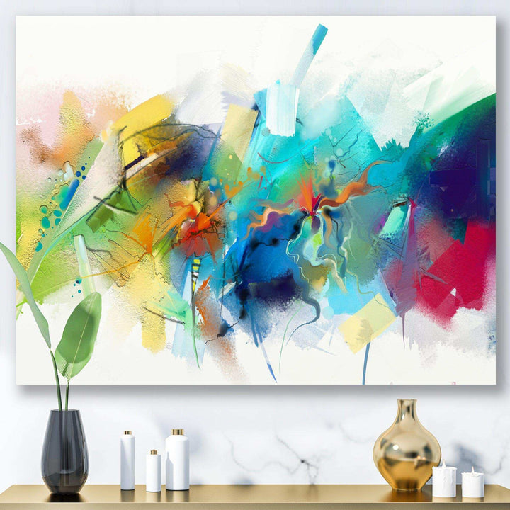 Turquoise Story With Touches Of Yellow And Red - Modern Bedroom Wall Art