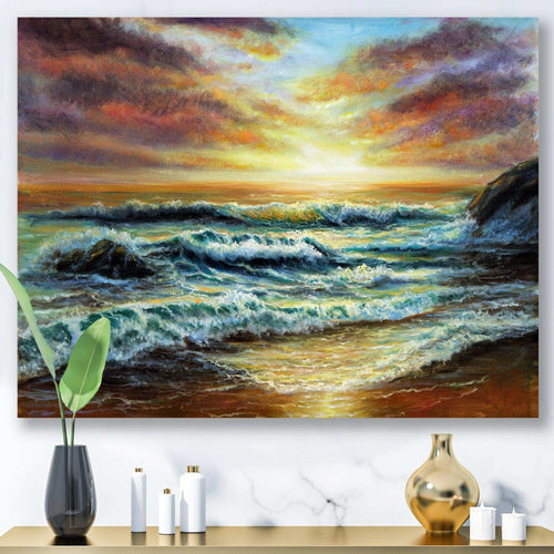 Magnificent Sunset Over Blue Wild Wave Ocean
